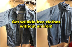 before and after images of a wrinkles blue shirt becoming wrinkle-free with text that reads "get wrinkle-free clothes without an iron"