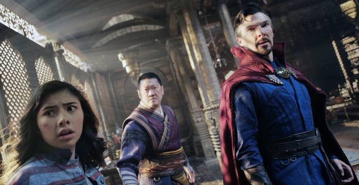 Xochitl Gomez, Benedict Wong and Benedict Cumberbatch in Doctor Strange in the Multiverse of Madness