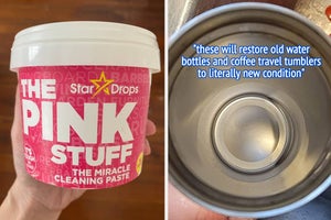reviewer photo of the inside of a clean coffee tumbler with text: these will restore old water bottles and coffee travel tumblers to literally new condition / hand holding a tub of the pink stuff