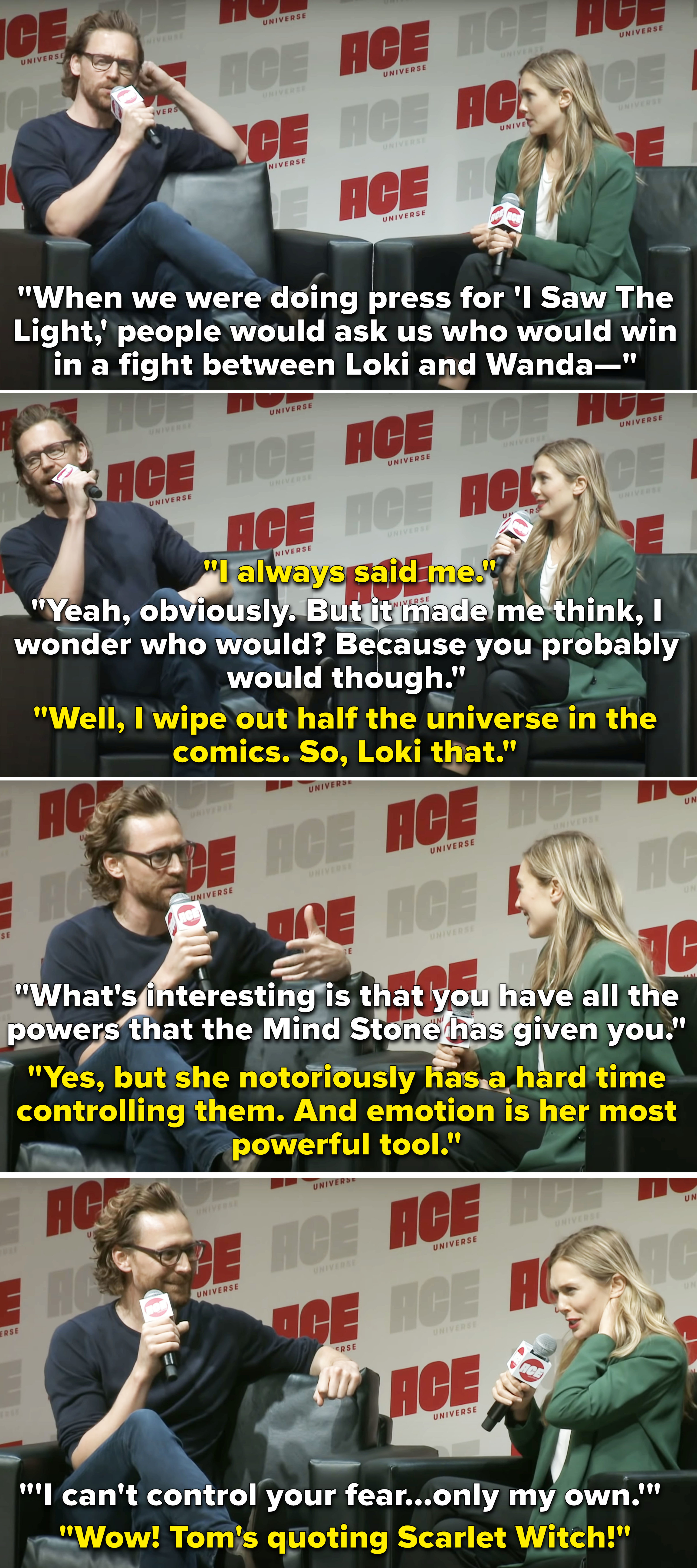 Tom Hiddleston and Elizabeth Olsen in an interview.