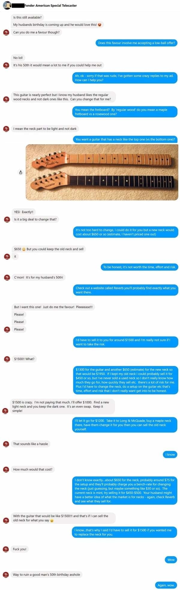 Text exchange ending with a person saying, &quot;Way to ruin a good man&#x27;s 50th birthday asshole.&quot;