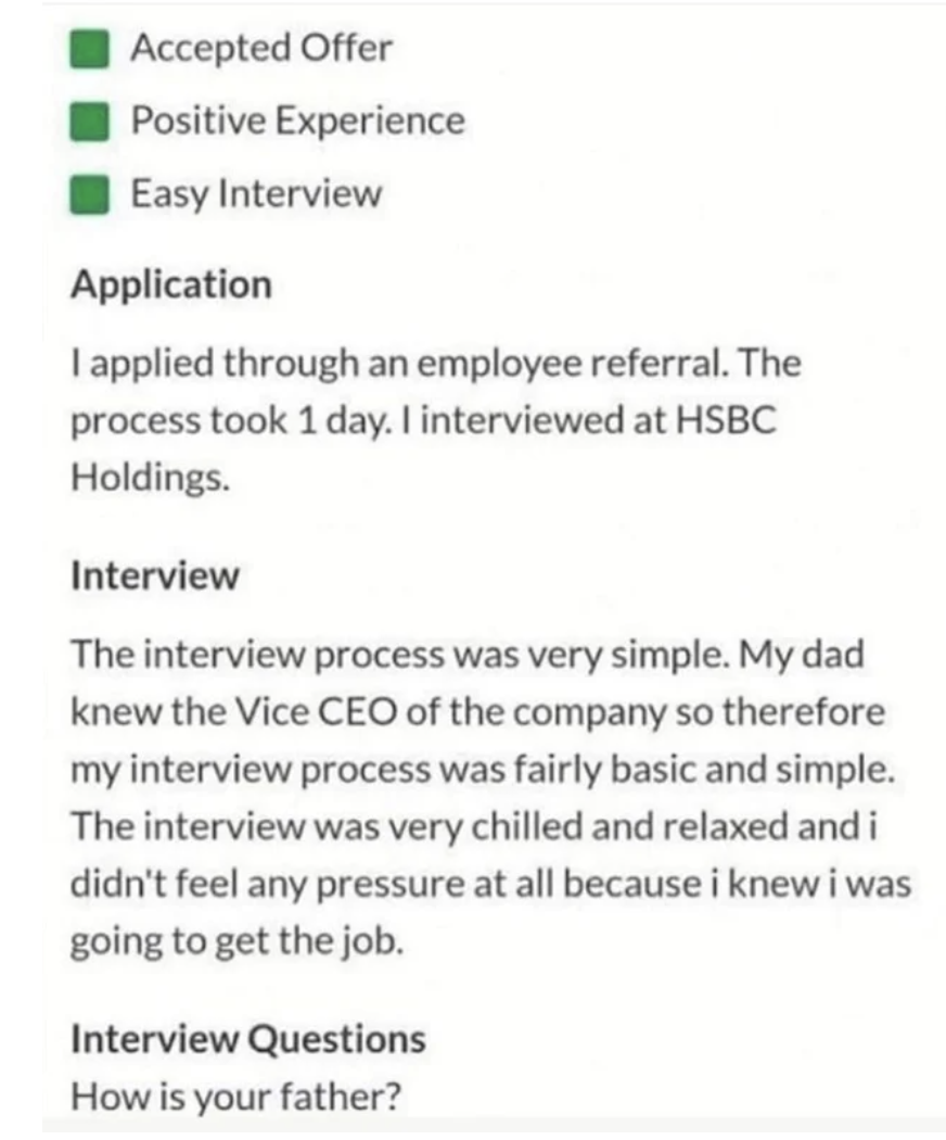 a review saying the job interview was easy because the dad knew the CEO