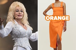 On the left, Dolly Parton, and on the right, someone wearing a tank top and a skirt set labeled orange