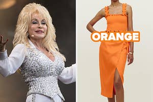 On the left, Dolly Parton, and on the right, someone wearing a tank top and a skirt set labeled orange
