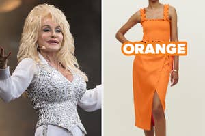 On the left, Dolly Parton, and on the right, someone wearing a tank top and a skirt set labeled orange