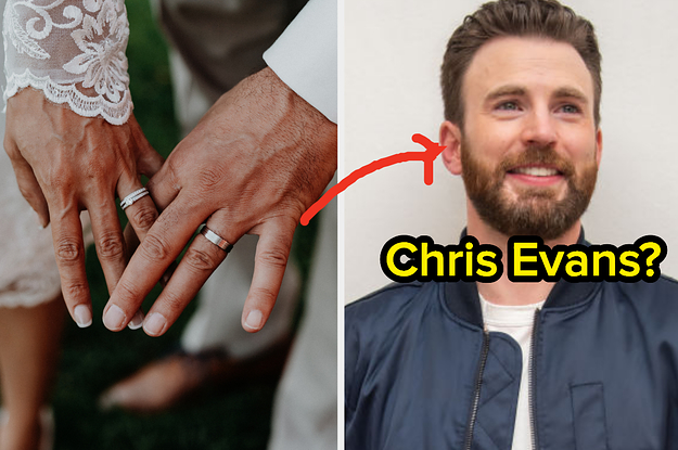 A bride and groom show off their wedding rings and Chris Evans wears a shiny jacket