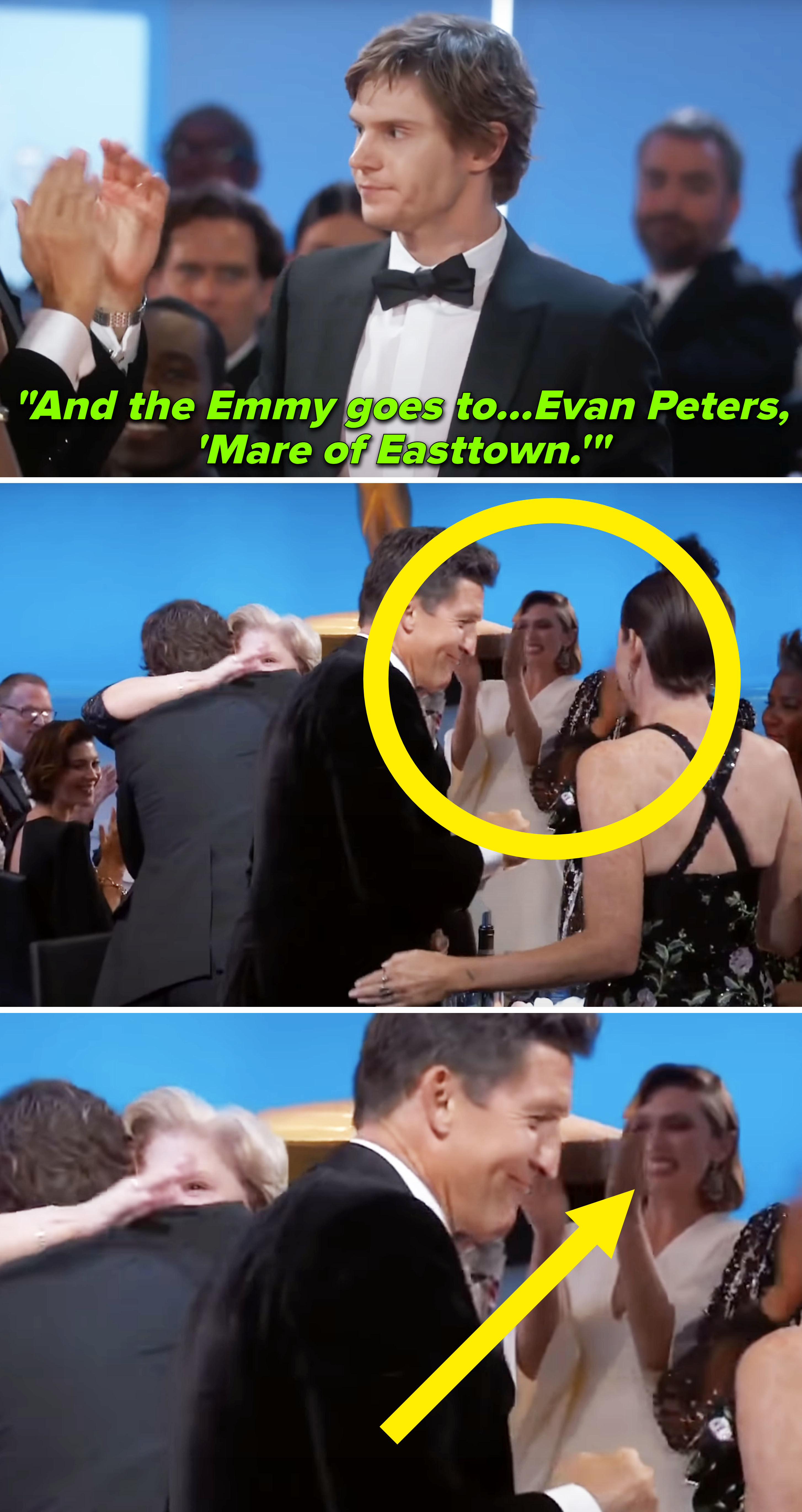 Elizabeth Olsen clapping in the audience as Evan Peters won an Emmy for &quot;Mare of Easttown.&quot;