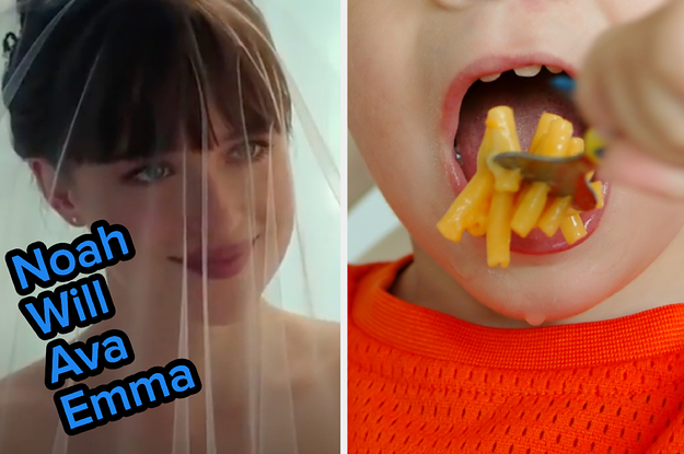 A bride is on the left labeled, "Noah, Will, Ava, Emma" with a kid eating mac and cheese on the right