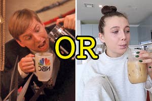 On the left, Kenneth from 30 Rock pouring coffee into a cup, and on the right, Emma Chamberlain drinking iced coffee out of a mason jar with or typed in the middle