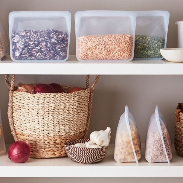 clear stand up stasher bags with dry goods on a shelf