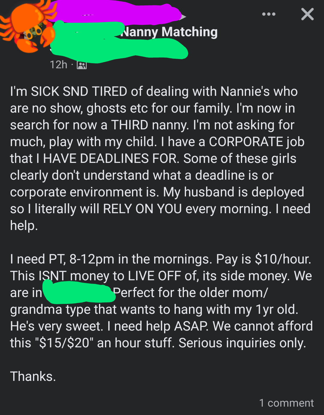 Job posting ending with, &quot;Perfect for the older mom/grandma type that wants to hang with my 1yr old. He&#x27;s very sweet. I need help ASAP. We cannot afford this &#x27;$15/$20&#x27; an hour stuff. Serious inquiries only.&quot;