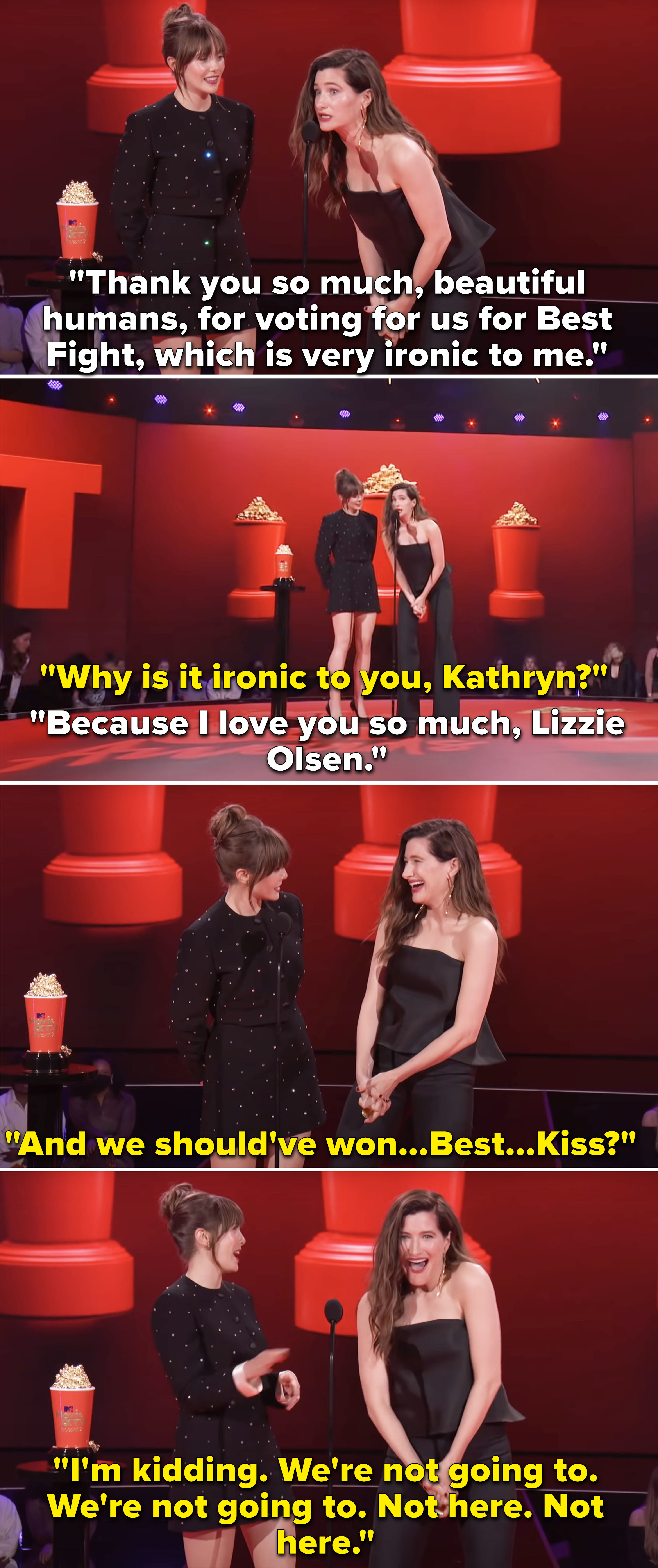 Elizabeth Olsen and Kathryn Hawn accepting an award for Best Fight, but saying, &quot;And we should&#x27;ve won...Best...Kiss?&quot;
