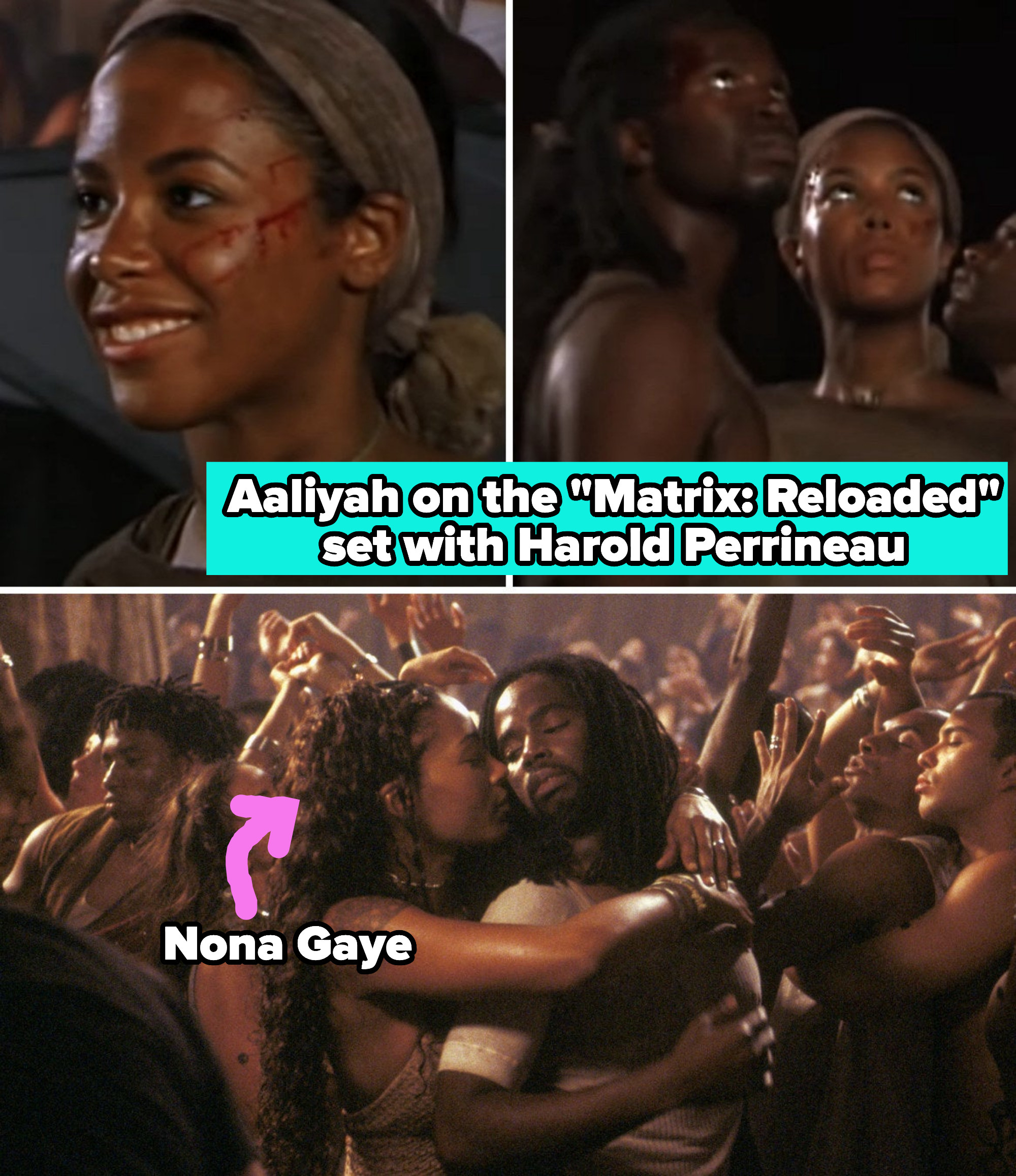 behind-the-scenes images of Aaliyah filming The Matrix: Reloaded juxtaposed with Nona Gaye in the released version of the film