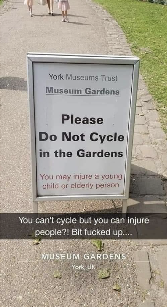 a sign that reads that people can injure kids and elderly people