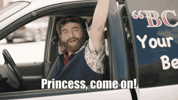 gif of someone driving a van with the door sliding open that reads princess come on
