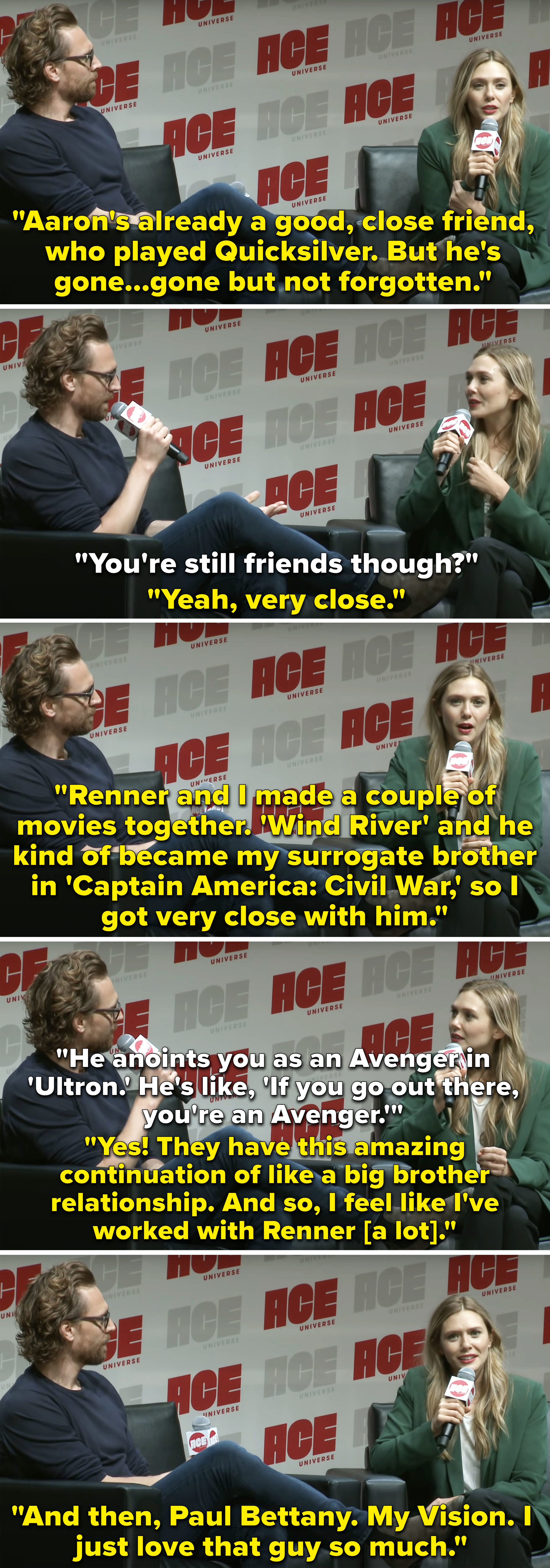 Tom Hiddleston and Elizabeth Olsen doing an interview.