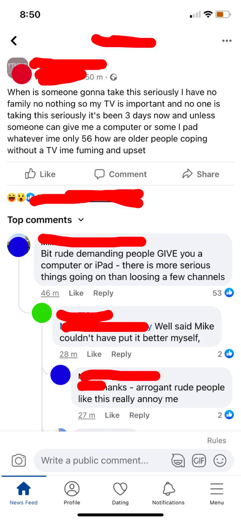 Comment thread on Facebook ending in, &quot;Thanks - arrogant rude people like this really annoy me&quot;