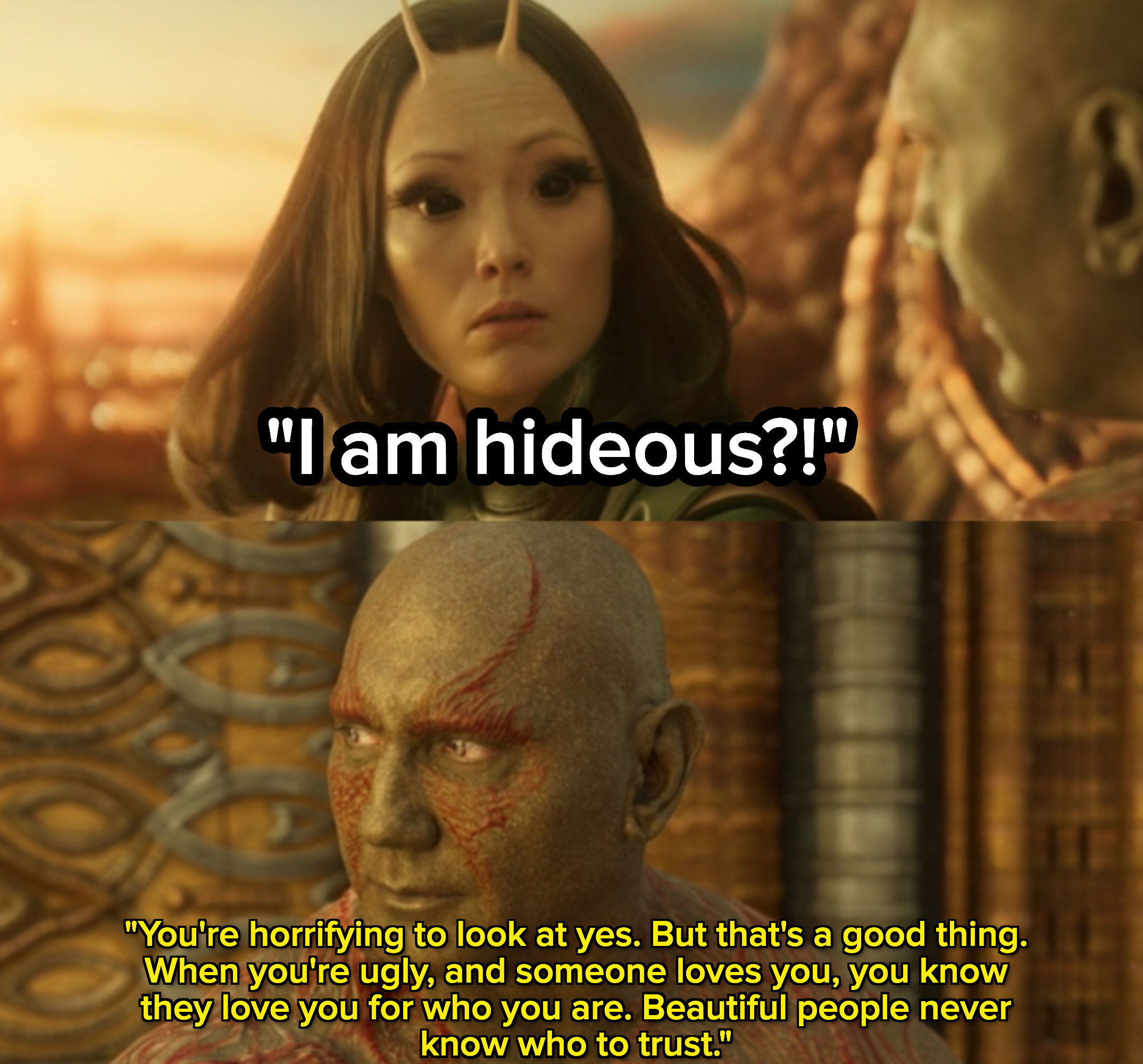 A close up of Mantis and Drax as they have a conversation
