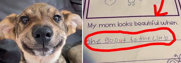 A smiling puppy, and a funny note a kid wrote their mom