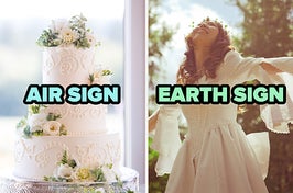 On the left, a three-tiered wedding cake with intricate icing details and flowers on it labeled air sign, and on the right, someone wearing a wedding dress with bell sleeves labeled earth sign