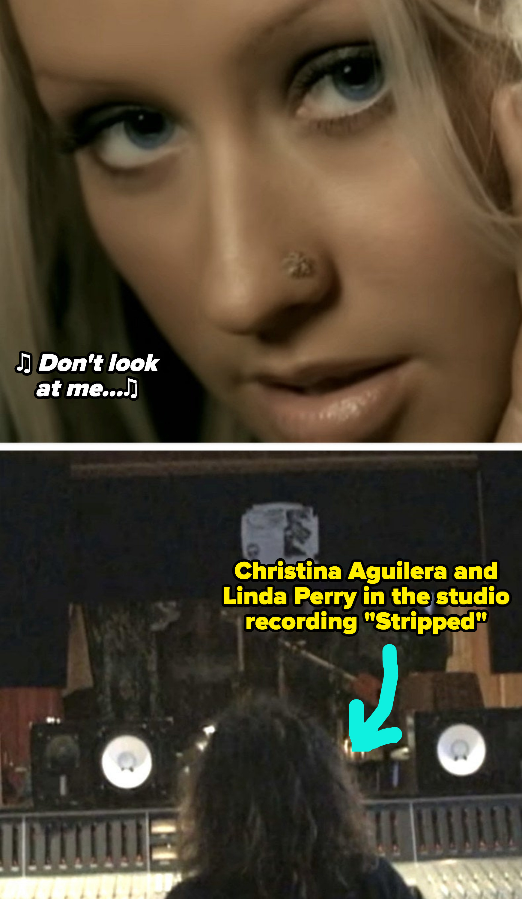 A photo of Aguilera in the music video juxtaposed with her and Linda Perry in the recording studio together