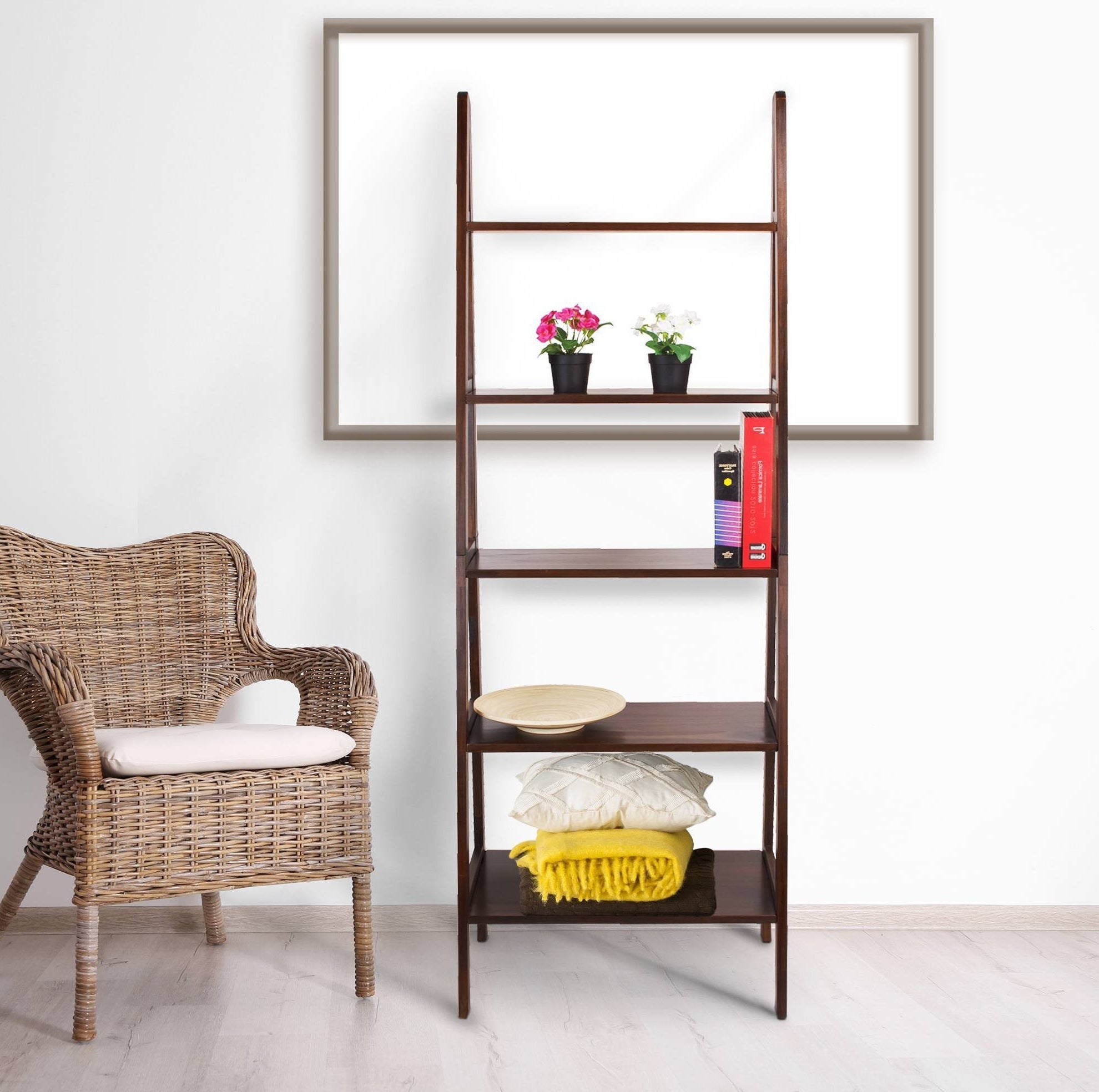 the brown bookcase in a living room
