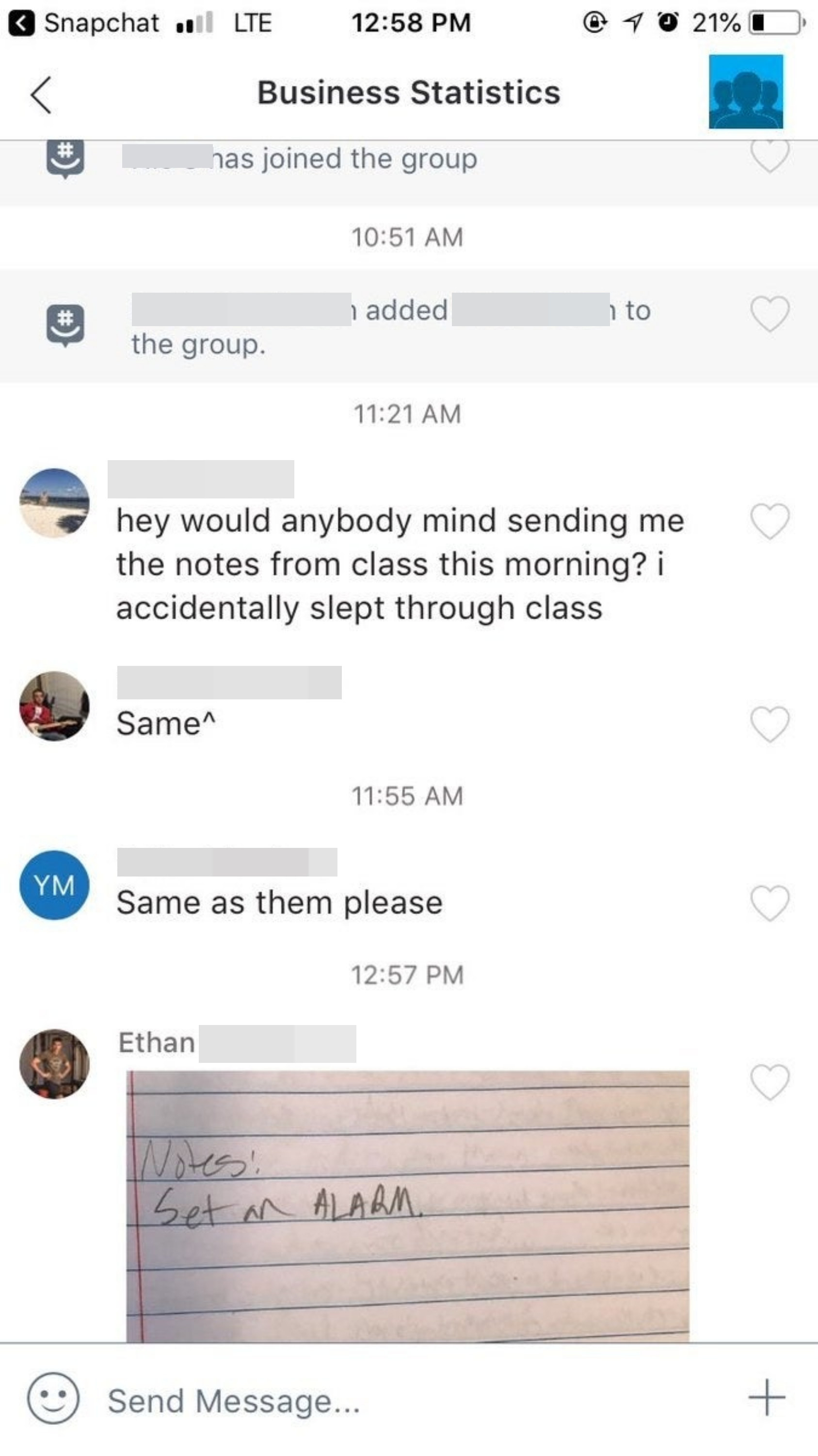 Messages from several classmates asking for notes from the day&#x27;s lecture since they accidentally slept through class
