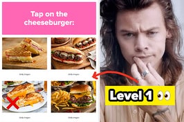 Harry Styles thinking, text saying "level 1" and a screenshot of a question asking you to tap on the cheeseburger