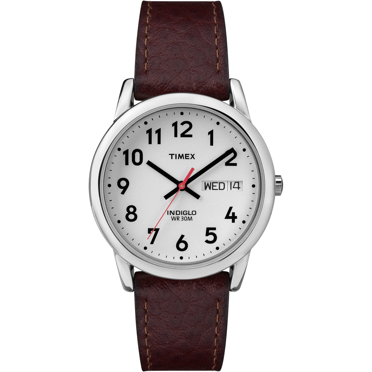 white watch with large black numbers, a brown leather band, and silver detailing
