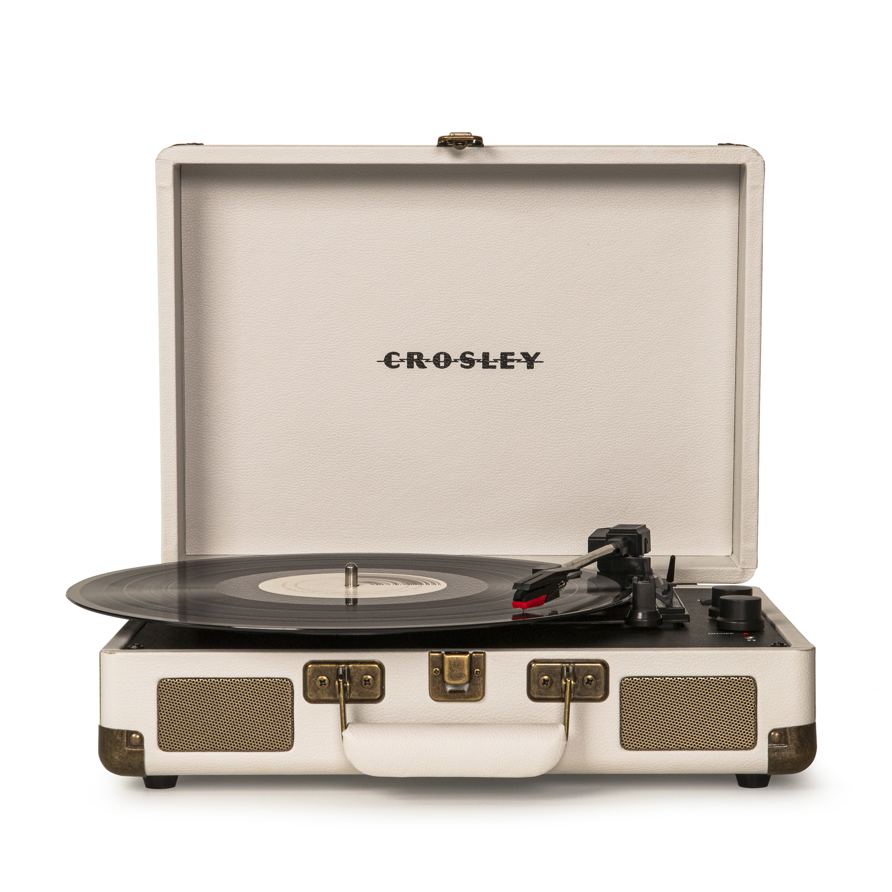 cream colored crosley record player shaped like a small suitcase