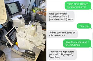 Pile of receipts at restaurant next to text from disgruntled customer