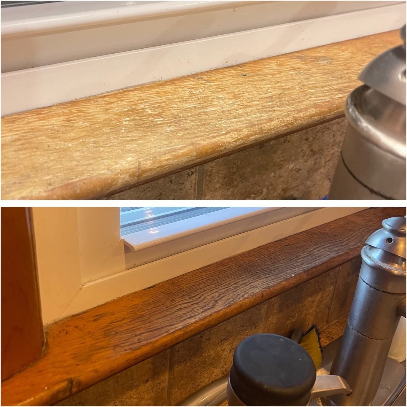 a reviewer photo of a before and after of a polished window mantle