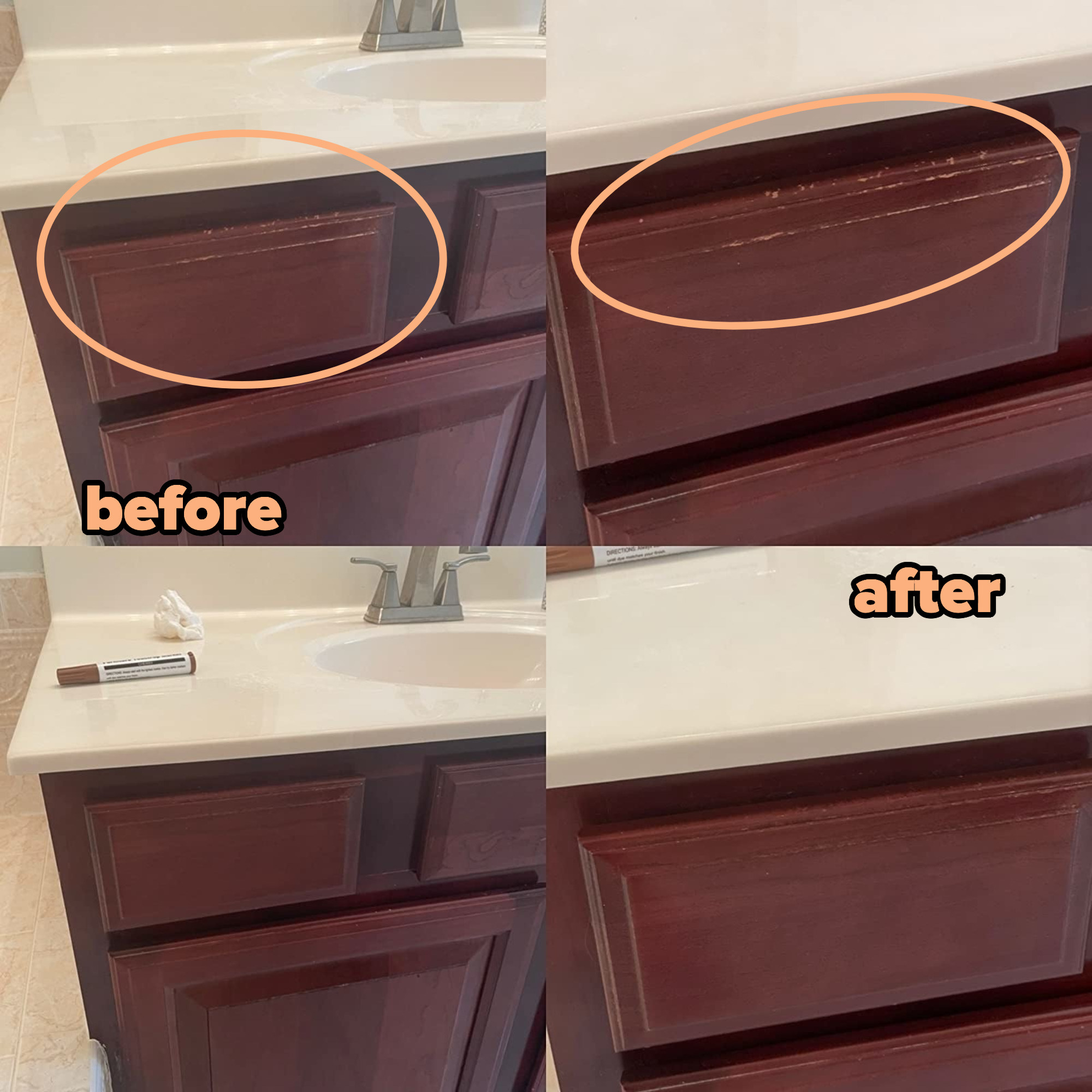 A reviewer photo on the top is the before with chipped wood showing discoloration on the furniture and on the bottom the after which shows no discoloration and the furniture looks like nothing every happened to it at all