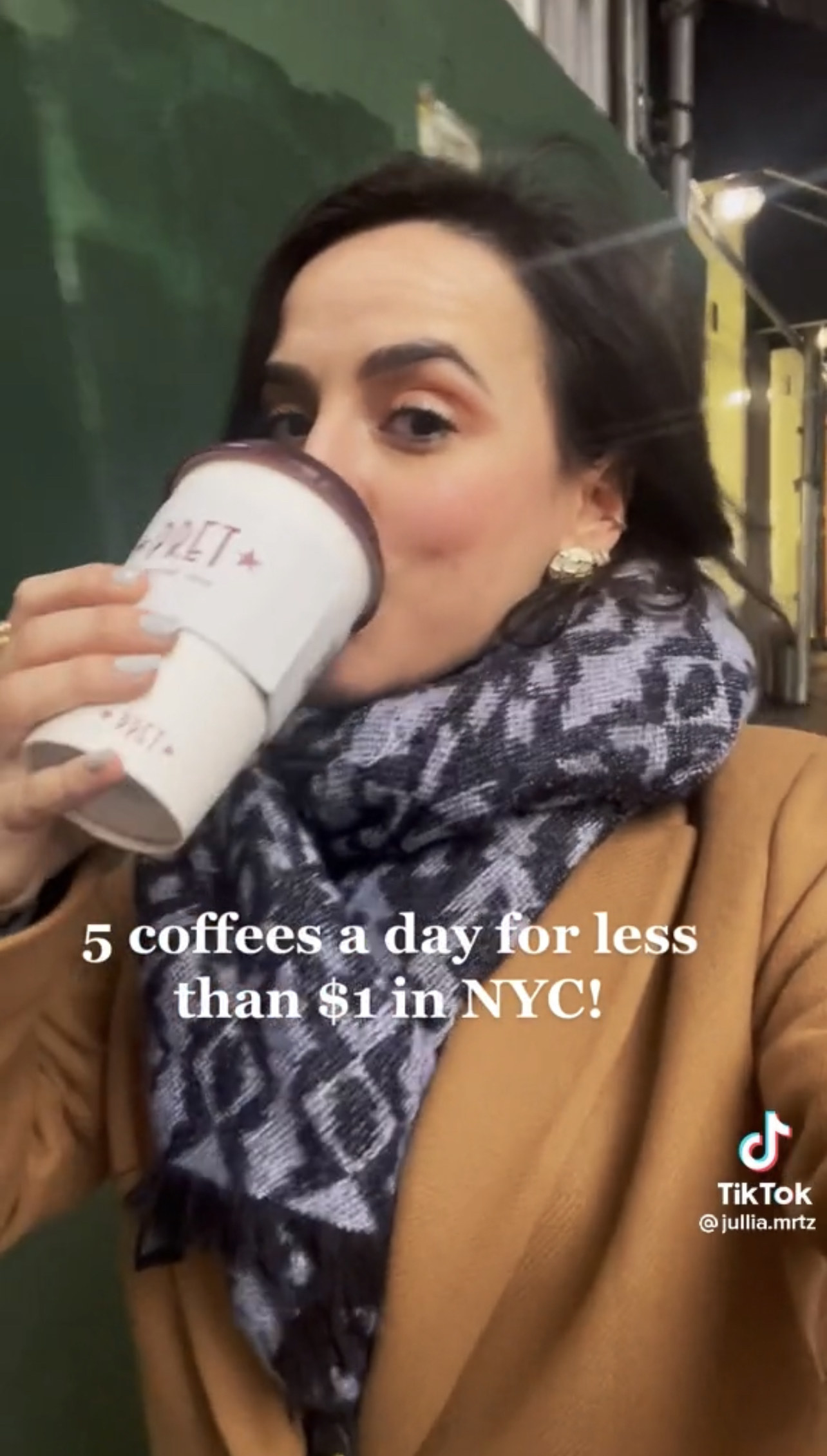 Woman drinking coffee with the text &quot;Getting 5 coffees a day for less than $1 in NYC!&quot;