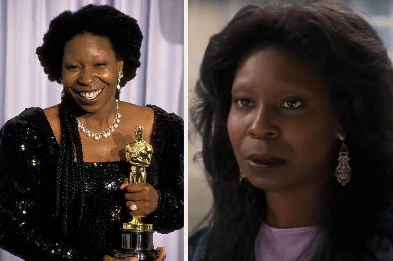 Whoopi Goldberg smiles while she holds the Oscar for Best Supporting Actress in 1991, Whoopi as Oda Mae Brown warns Molly that she&#x27;s in danger in &quot;Ghost&quot;