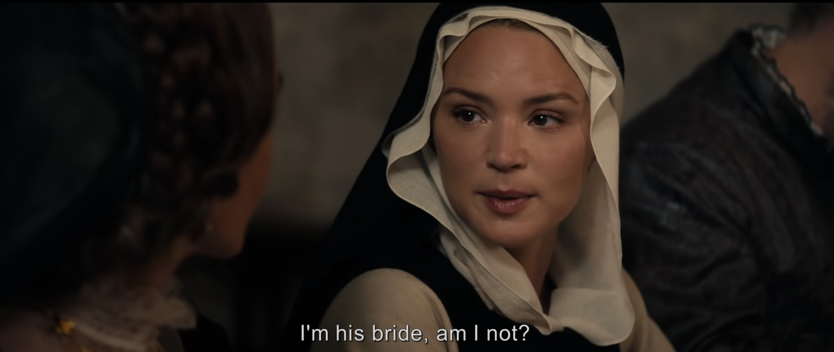 A woman wearing a nun&#x27;s habit asks &quot;I&#x27;m his bride, am I not?&quot;