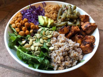 a reviewer's salad inside the pasta bowl
