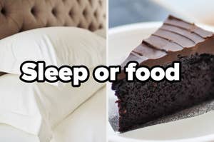 pillows on a bed and chocolate cake