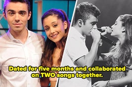 Musicians Nathan Sykes (L) and Ariana Grande are seen smiling, and on the right they're pictured singing together