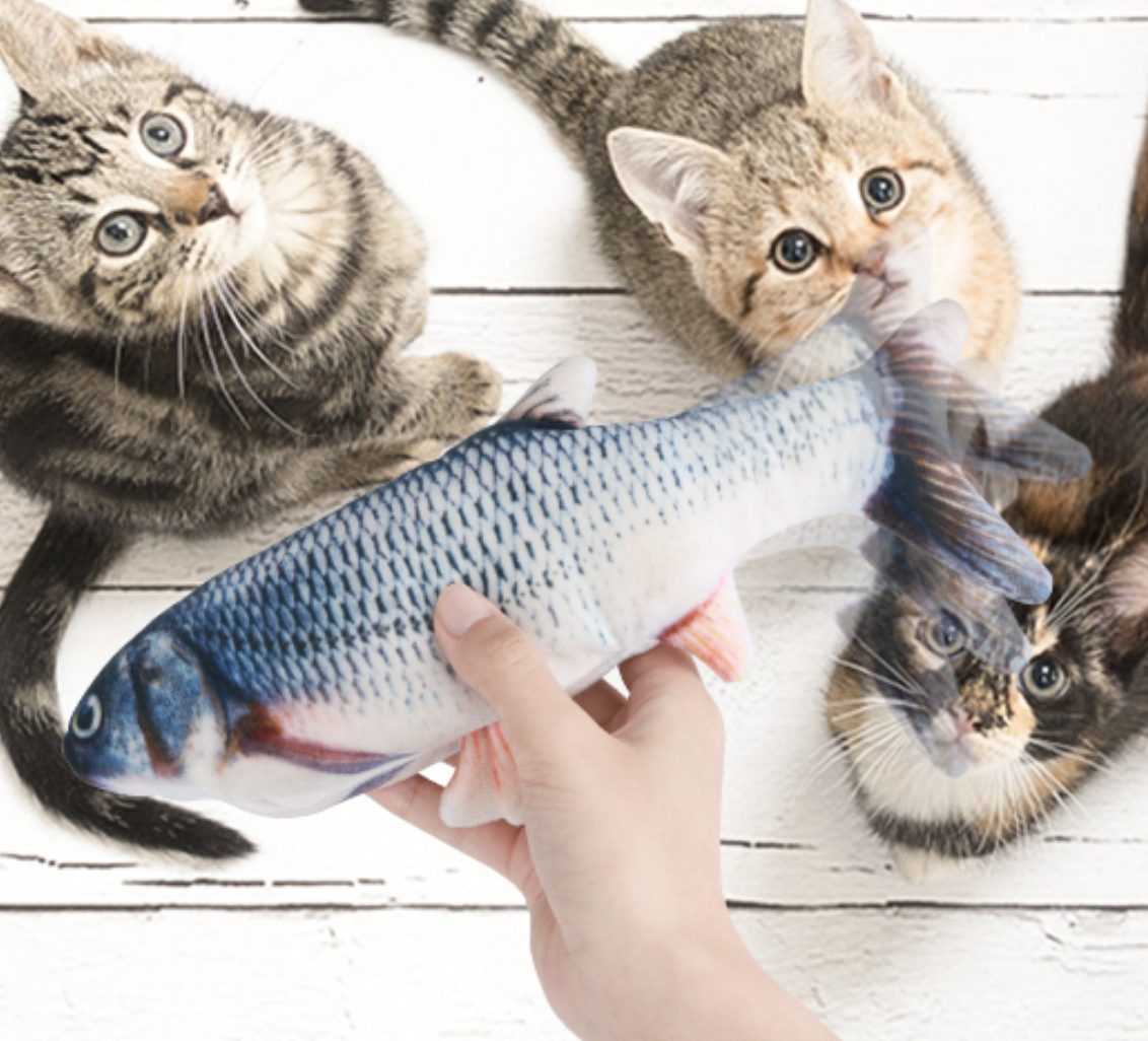 Someone holding up the fish toy above three kittens