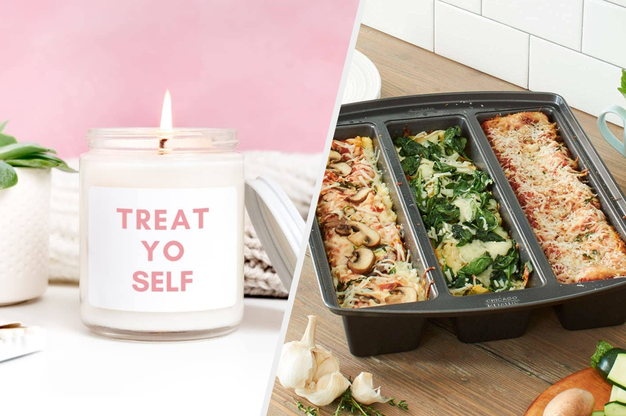 A candle with a label that says treat yo self, A nonstick lasagna pan with three sections