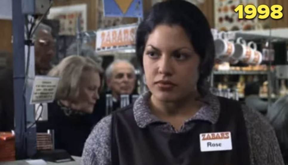Sara as a cashier in &quot;You&#x27;ve Got Mail&quot; vs. Sara in an interview in 2008