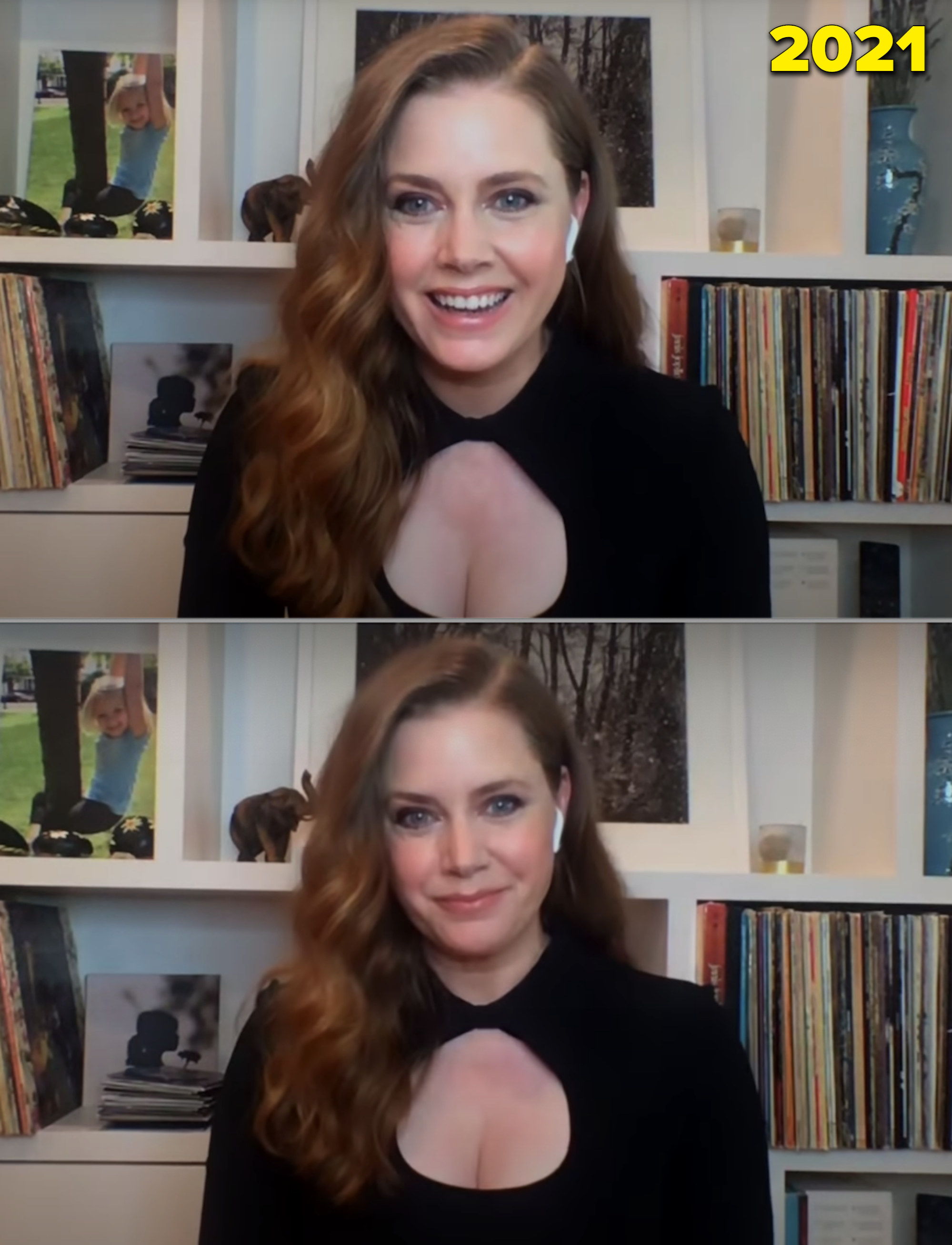 Amy Adams being interviewed over Zoom in her apartment