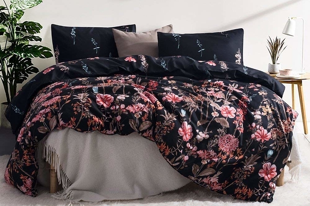 Black Comforter Pillowcase Set Queen King Size Bedding Modern Florals Bedspread 