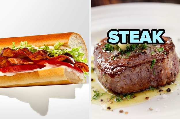 On the left, a BLT sub from Jimmy John's, and on the right, a steak topped with butter and herbs
