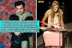 Harry Styles; Joni Mitchell performing in the early '70s