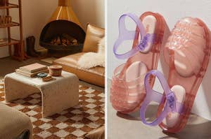 on the left a white glass mushroom-shaped lamp, on the right pink and purple jelly sandals