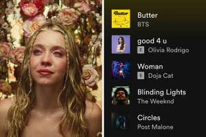 On the left, Cassie from Euphoria in front of a wall of flowers, and on the right, a Spotify playlist with songs from BTS, Olivia Rodrigo, Doja Cat, The Weeknd, and Post Malone