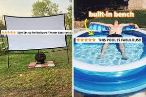 L: 92-inch outdoor movie screen R: reviewer lying on their back on a bench in an inflatable pool