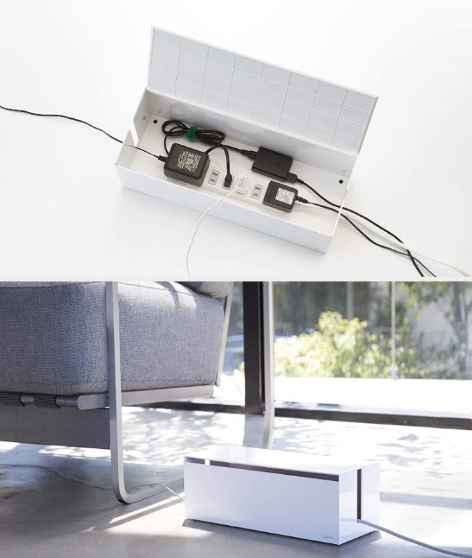 a shiny white rectangular box open, filled with in powerstrip and cord clutter, and closed, looking nice and neat on the floor
